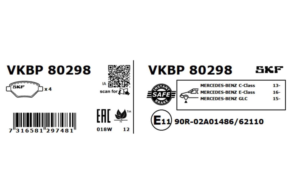 Jeu de 4 plaquettes de frein SKF ref. VKBP 80298